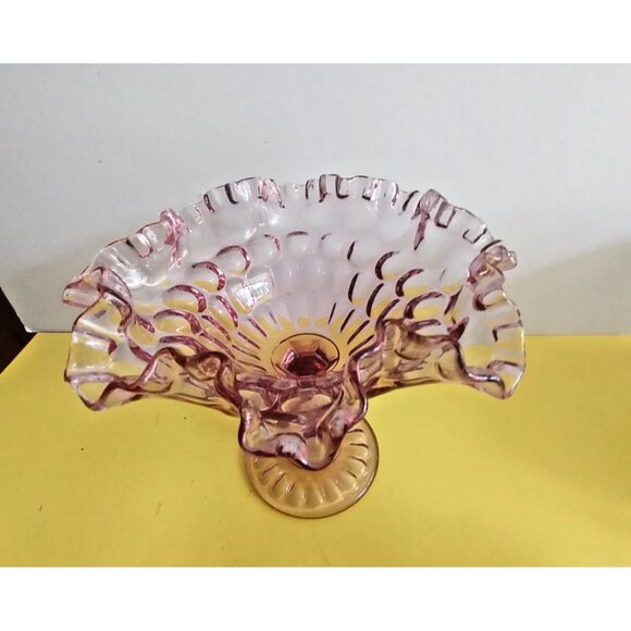 Fenton Peach Pink Glass Footed Bowl Double Ruffled Rim. 7" Tall 8" wide - Picture 3 of 15